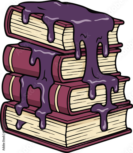 Stack of Old Books Covered in Dripping Purple Goo Illustration