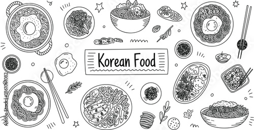 Korean food doodle set vector, hand drawn black ink Asian cuisine icons featuring bibimbap, ramen, kimchi, and chopsticks