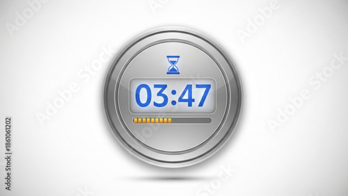 Digital timer clock with hourglass icon on white background, showing 03 47 minutes, progress bar and yellow loading indicator