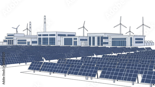 A large solar farm with numerous photovoltaic panels in the foreground, leading to a complex of industrial buildings and wind turbines in the background.