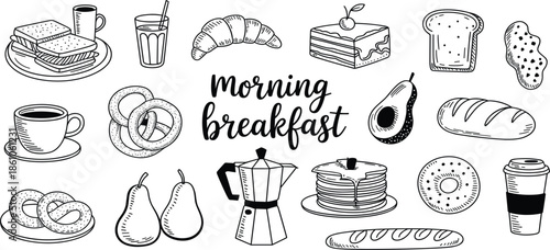 Morning breakfast hand drawn doodle vector set, coffee, croissant, pancakes, bread, avocado, sandwich, and pastries for menu design