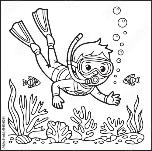 Scuba diving coloring page for kids and adults, A cute diver in underwater ocean beautiful scenery vector line art illustration