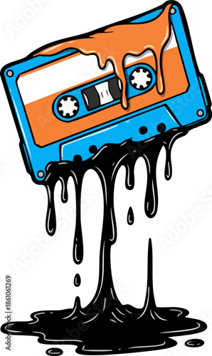 Retro Audio Cassette Tape Melting Dripping Black Ooze Illustration