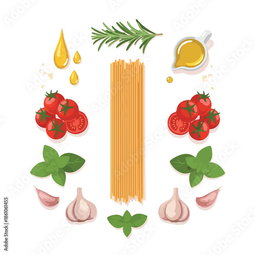 A digital illustration of spaghetti surrounded by tomatoes, basil, garlic, rosemary, and olive oil on a white background. Perfect for recipes, food blogs, and culinary websites.