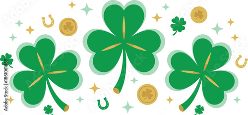 Three green shamrocks with gold coins and horseshoes for Saint Patrick's Day celebration decoration with magic sparkles and Irish holiday good luck charm symbols.