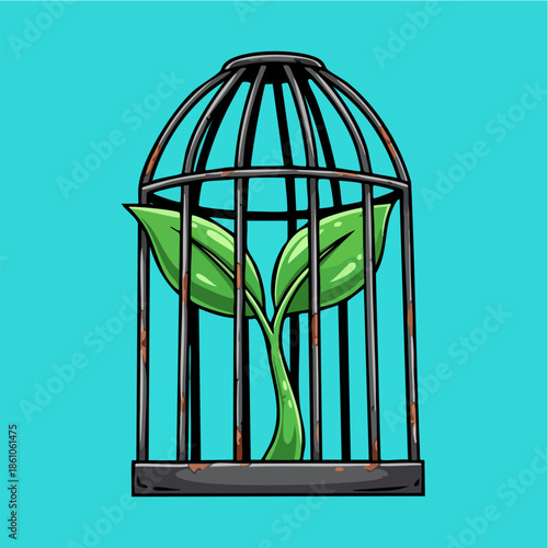 Vibrant plant sprout trapped inside rusty metal birdcage illustration.