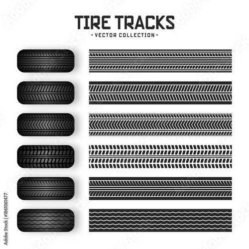Tire tracks, rubber wheels, and braking marks. Truck, car, or motorcycle tread pattern silhouettes. Perfect for auto racing, motorsport, and speed-related designs. Vector illustration