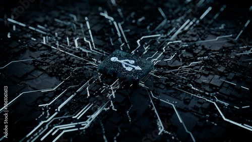 Wallpaper Mural Interface Technology Concept with usb symbol on a Microchip. White Neon Data flows from the CPU across a Futuristic Motherboard. Seamless Loop. Torontodigital.ca