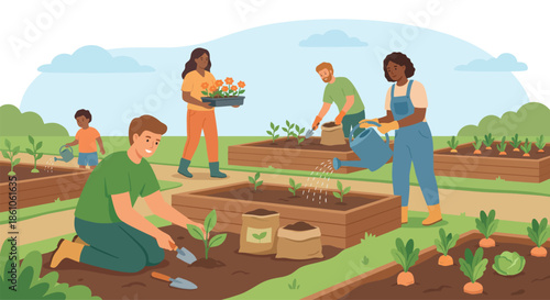 Happy diverse people gardening together in community park planting vegetables and watering flowers in wooden raised beds for healthy eco lifestyle and cooperation.