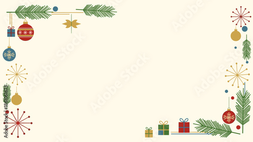 Cheerful Christmas border design featuring decorations and gifts on a light background