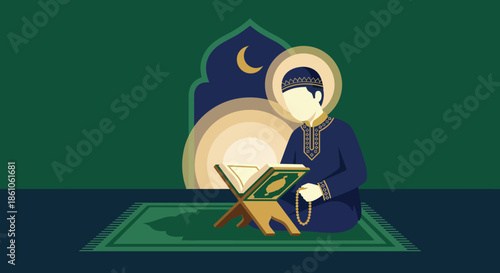 Devout Muslim boy sitting on prayer rug reading holy Quran book on stand holding beads under crescent moon arch at night for Ramadan spiritual worship and faith.
