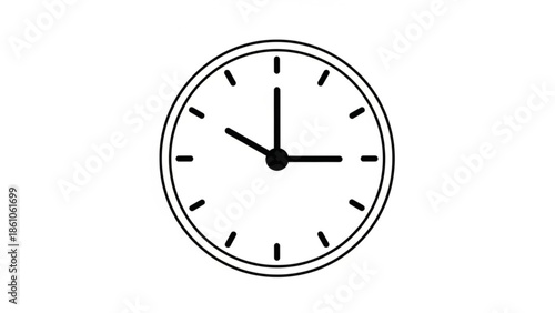 Simple black and white clock face illustration with hour and minute hands on white background