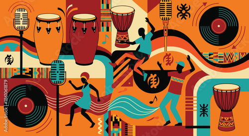 Energetic silhouettes of people dancing to African music rhythm with drums microphones and vinyl records on colorful geometric design for cultural heritage party.