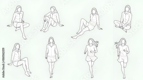 Young Woman Posing in Various Outfits and Positions, Line Art Illustration