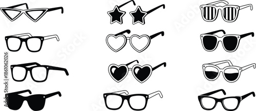 Hand drawn sunglasses doodle vector set, summer eyewear, fashion spectacles, star, and heart shapes for beach party design