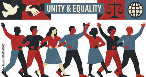 Diverse group of people marching together for unity and equality with peace dove handshake scales of justice and globe symbols for social rights and global inclusion.