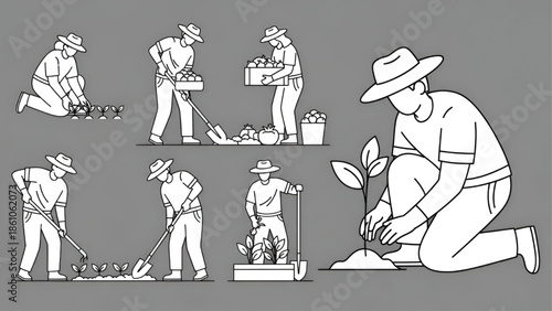 Farmer Planting Tree in Garden, Gardening Process Illustration, Agriculture Line Art