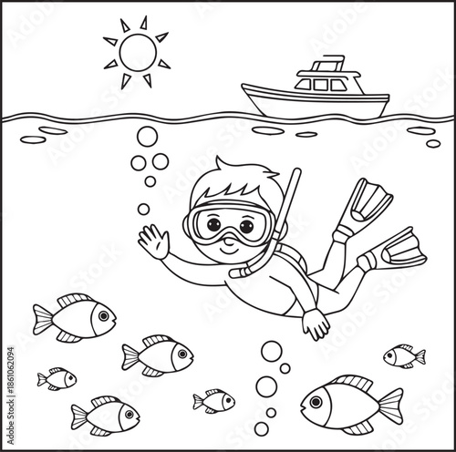 Scuba diving coloring page for kids and adults, A cute diver in underwater ocean beautiful scenery vector line art illustration