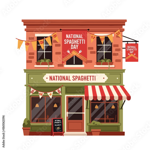 A colorful digital illustration of a restaurant celebrating National Spaghetti Day with a sign and bunting. Perfect for food marketing, restaurant promotions, and culinary advertising.