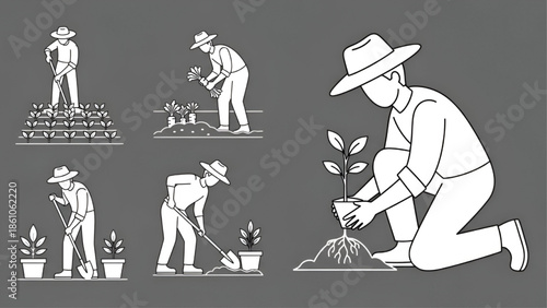 Farmer Planting Seedlings in Garden Illustration