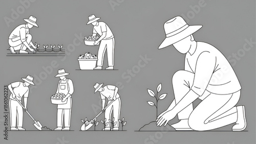 Farmer Planting Seedling in Soil Illustration Set