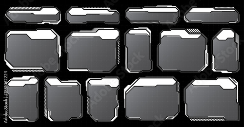 White futuristic HUD, UI elements. Sci-fi user interface text boxes, callouts. Warning message frames, information boxes template. Modern game interface layout in digital style. Vector illustration