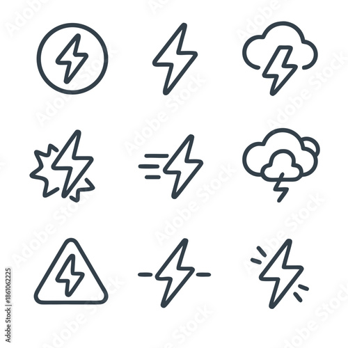 Lightning bolt vector set of simple line art icons perfect for stormy weather designs, logos, posters, print materials, and presentations.