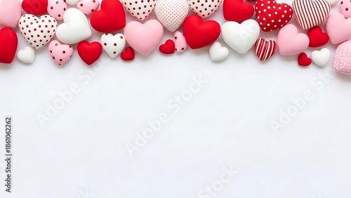 Collection of colorful heart shaped objects on white background