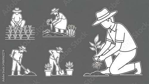 Farmer Planting Seedlings in Garden with Gardening Tools