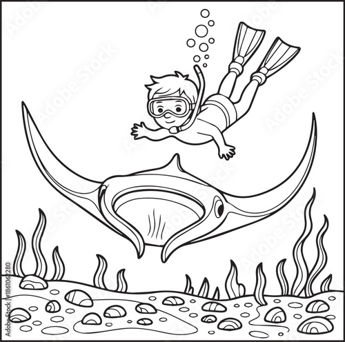 Scuba diving coloring page for kids and adults, A cute diver in underwater ocean beautiful scenery vector line art illustration