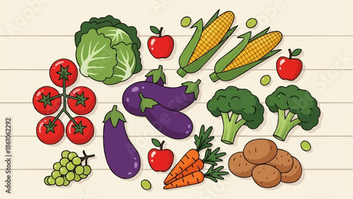 Assortment of Fresh Vegetables and Fruits Collection.