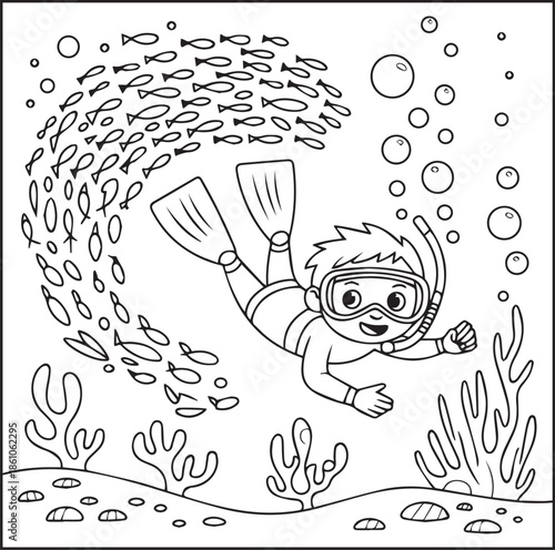 Scuba diving coloring page for kids and adults, A cute diver in underwater ocean beautiful scenery vector line art illustration