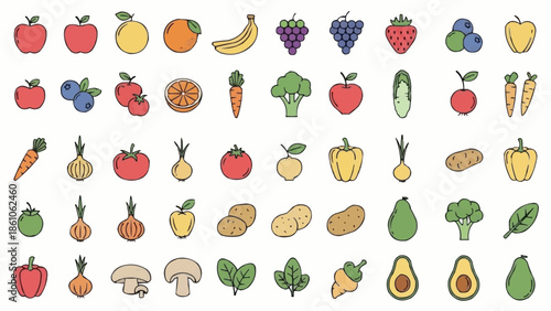 Assorted fresh fruits and vegetables collection in cartoon style.