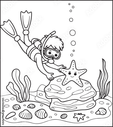 Scuba diving coloring page for kids and adults, A cute diver in underwater ocean beautiful scenery vector line art illustration
