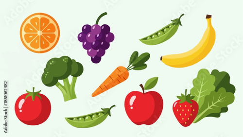 Assortment of fresh fruits and vegetables arranged on a plain background.