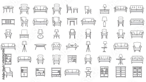 Furniture Icons Set Isolated on White Background