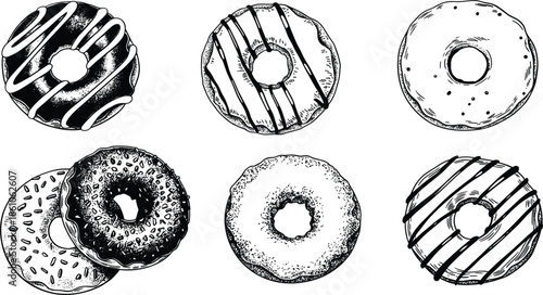 Delicious sweet donuts hand drawn doodle vector set, glazed chocolate doughnut, strawberry sprinkles, and pastries for bakery menu