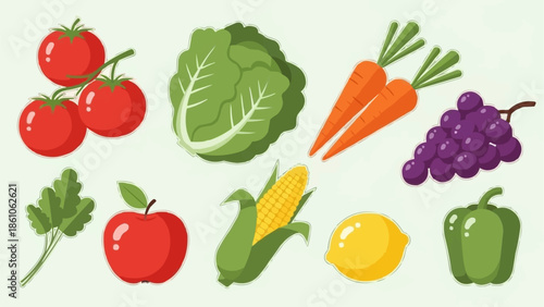 Assortment of fresh fruits and vegetables on a light background.