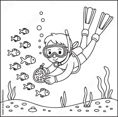 Scuba diving coloring page for kids and adults, A cute diver in underwater ocean beautiful scenery vector line art illustration