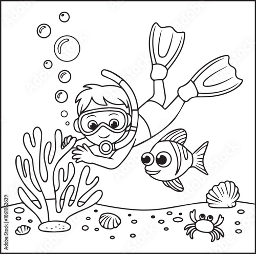 Scuba diving coloring page for kids and adults, A cute diver in underwater ocean beautiful scenery vector line art illustration