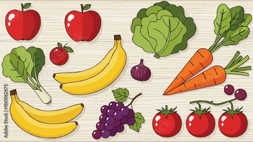 Assortment of Fresh Fruits and Vegetables on a Wooden Background.