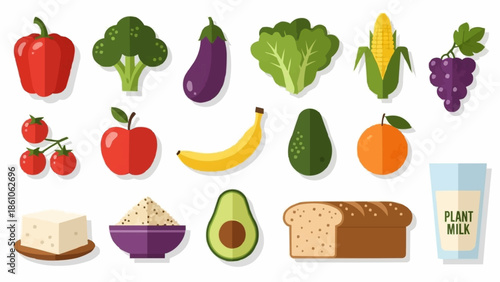 Assortment of fresh fruits vegetables and plant based food items.