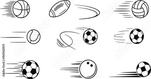 Sport balls hand drawn doodle vector set, soccer, basketball, football, tennis, and bowling with motion lines for competition