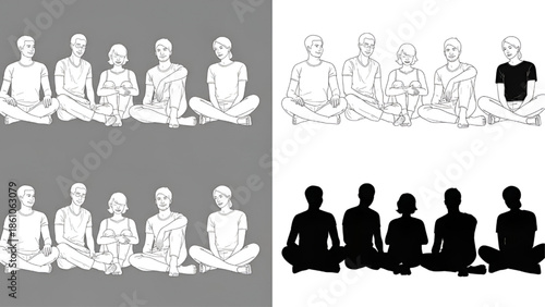 Group of People Meditating in Lotus Position, Silhouette, Vector Illustrations