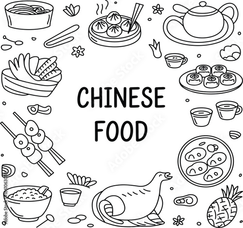Chinese food frame hand drawn doodle vector set, dim sum, peking duck, tea, and dumplings for restaurant menu