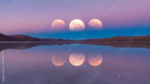 Surreal Triple Moon Eclipse Reflected in Still Mirror Lake at Twilight, Ethereal Pink and Purple Pastel Sky over Infinite Salt Flat Desert Landscape