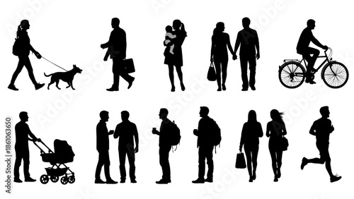 Silhouettes of People Walking Running and Cycling in Various Activities Isolated on White