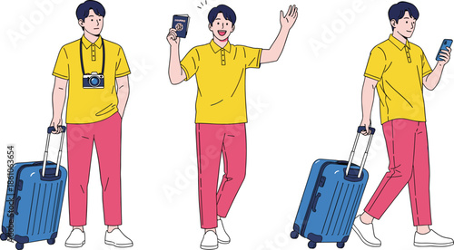 Young male traveler with suitcase passport camera and smartphone, modern tourist illustration set showing travel poses isolated on white background