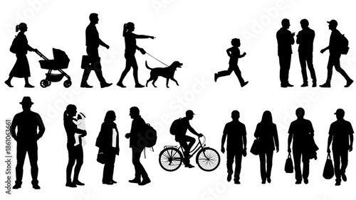 Silhouettes of People Walking Running and Cycling Isolated on White