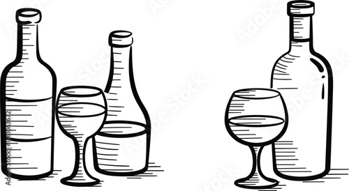 Elegant wine bottle and glass line art vector set, alcoholic beverage sketch, and vineyard drinks for restaurant menu 